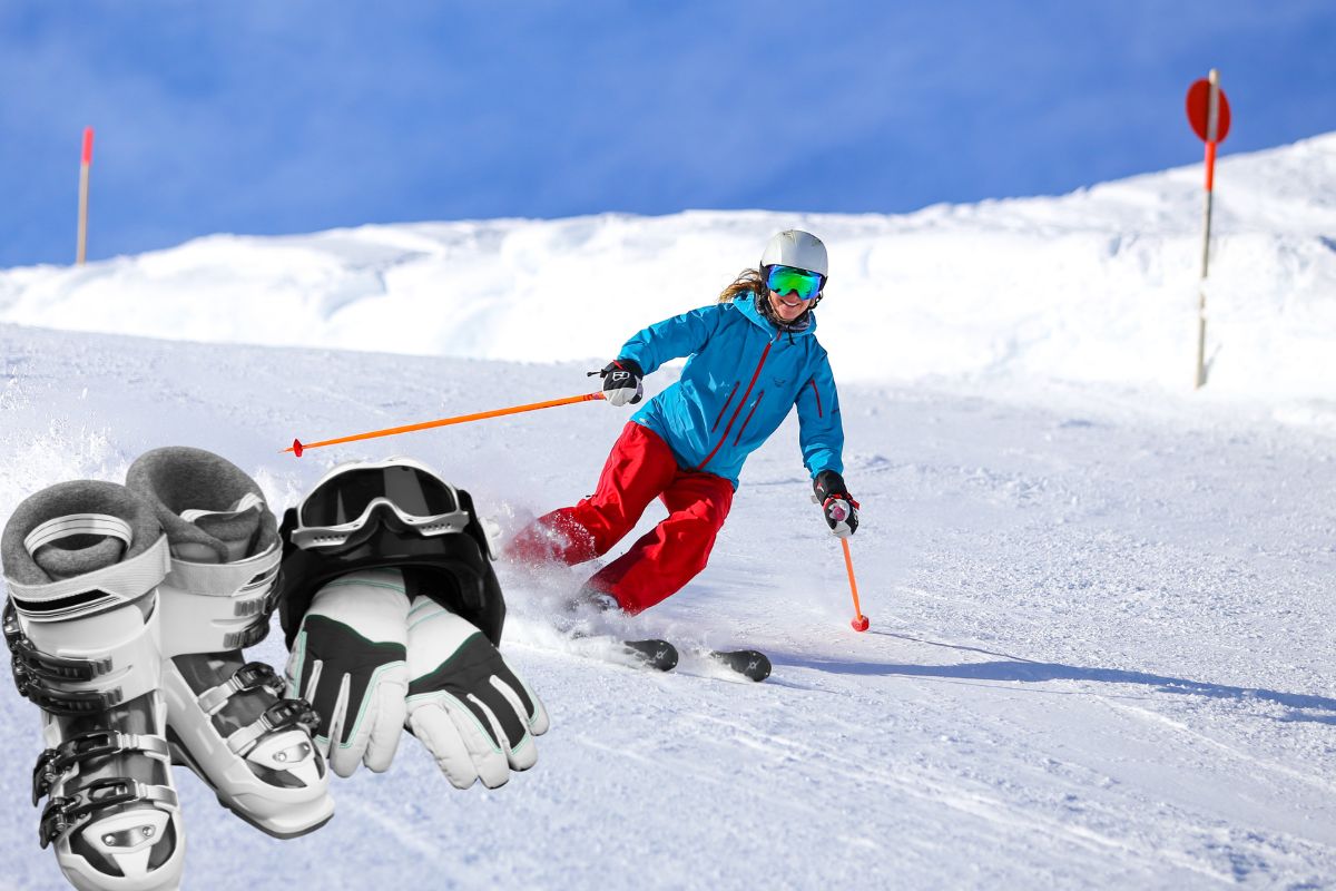 Des chaussures de ski posées non loin d'un sportif pratiquant du ski