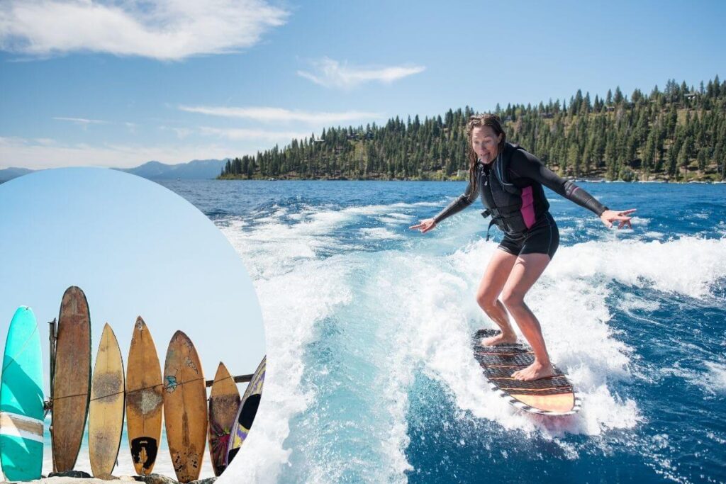 Une femme effectue du surf sur les lacs de montagne.