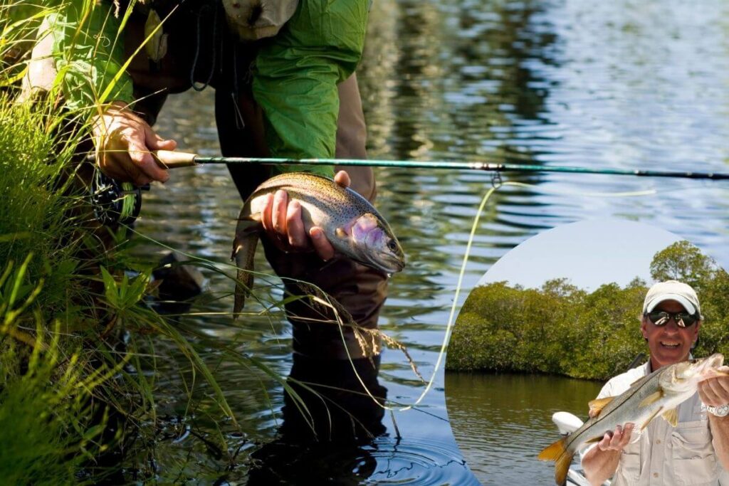 Des hommes pratiquent la pêche sportive grâce à des techniques appropriées.  